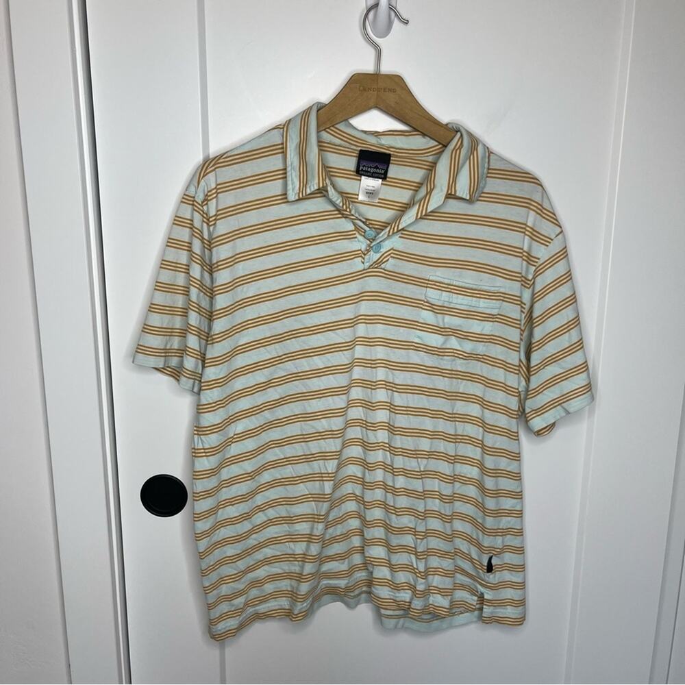 Patagonia Organic Cotton Teal Striped Polo Short Sleeve Tee Size Large